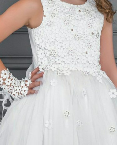 Feestjurk Luxe 8 layers tule & handschoen Ivoor Creme 8 tot 12 jaar 