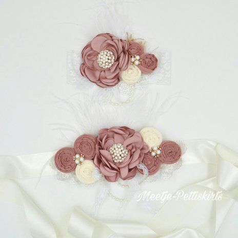 Couture extra luxe handgemaakte Luxe rosette Flower parel Dusty Pink Dark + bijpassende haarband