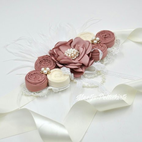 Couture extra luxe handgemaakte Luxe rosette Flower parel Dusty Pink Dark + bijpassende haarband