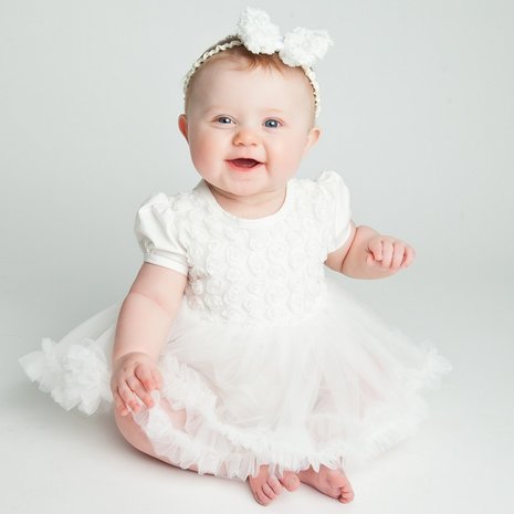 Baby jurk Roosjes Off White Short sleeve + haarband 6-12 maanden 