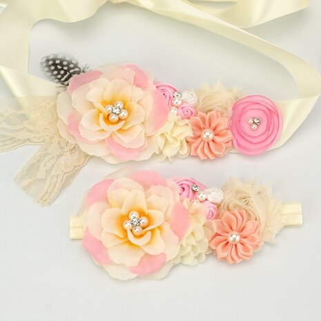 Handgemaakte Sjerp Luxe Tropic Rose Garden Cream Pink  + bijpassende haarband