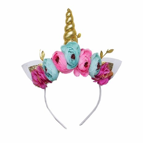 Unicorn diadeem luxe goud roze aqua bloem