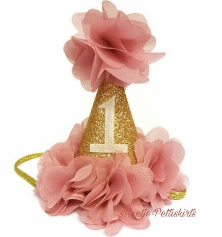 Verjaardag mutsje Vintage Dusty Pink Goud 1 jaar 