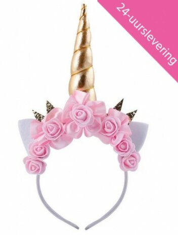 Unicorn diadeem Bloemen luxe roze roosjes Goud