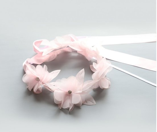 Bloemen kroon hoofdband Mini met Diamantjes Roze & Wit