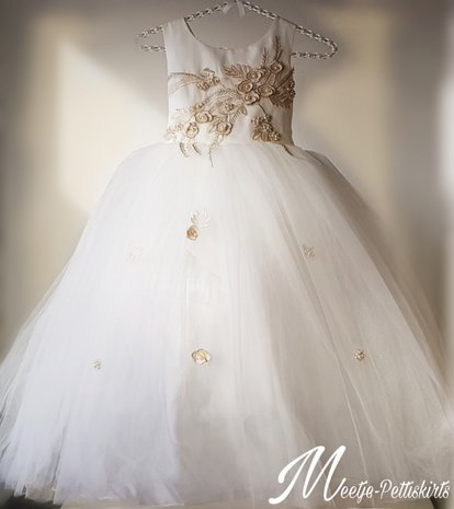 Communie jurk / Bruiloft meisje jurk Ivoor Champagne Bloemen Luxe 