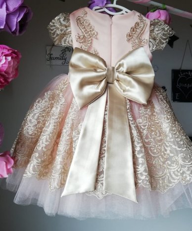 Bruidsmeisjesjurk - communie jurk Luxe Handmade roze licht goude strik maat 56 tm 176 