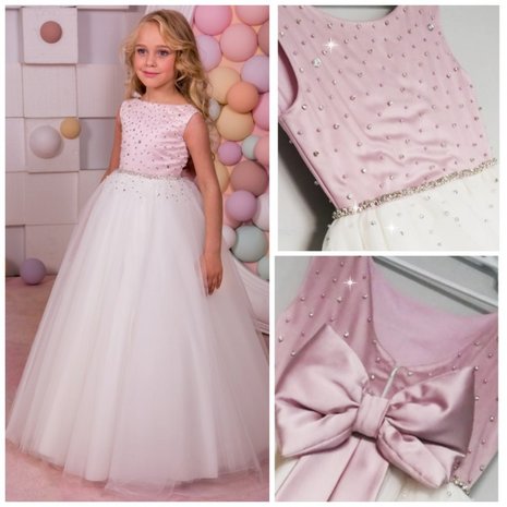 Prinsessenjurk roze met diamantjes en ivoor tulle Handmade NEW