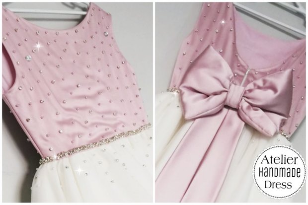 Prinsessenjurk roze met diamantjes en ivoor tulle Handmade NEW