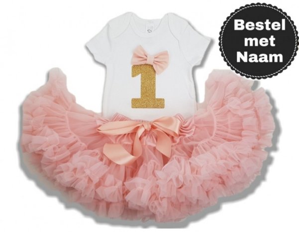  verjaardag set 1 jaar Petticoat poeder roze & gouden glitter cijfer Met Naam Mogelijk. 