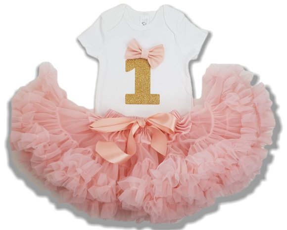  verjaardag set 1 jaar Petticoat poeder roze & gouden glitter cijfer Met Naam Mogelijk. 