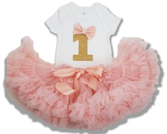  verjaardag set 1 jaar Petticoat poeder roze & gouden glitter cijfer Met Naam Mogelijk. 