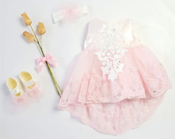Baby feestjurk lace flower roze sleepje 3delig New