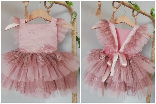 Kanten romper overal met ruffles oud roze Luxe Handgemaakt 50 -98 Fotoshoot tip