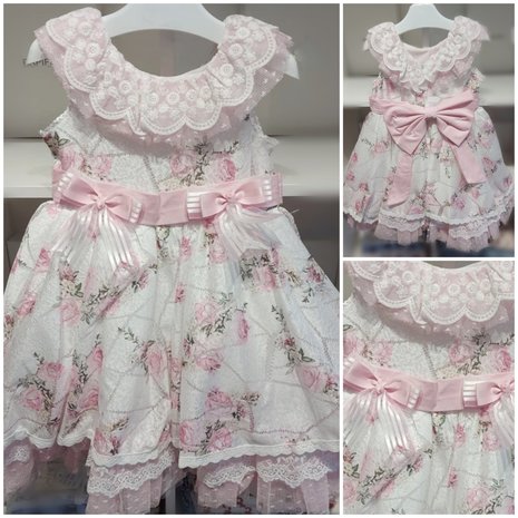 Broderie jurk roze wit Bloemen Kids 86 - 134