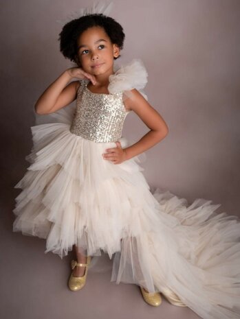 Gala feestjurk champagne met afneembare sleep ultra luxe + diadeem 104-170 NEW