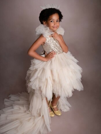 Gala feestjurk champagne met afneembare sleep ultra luxe + diadeem 104-170 NEW