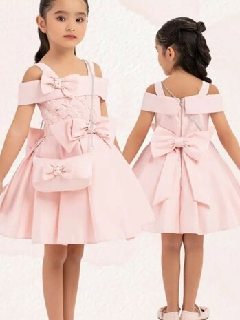 Feestjurk meisje powder pink  met tasje 92-122