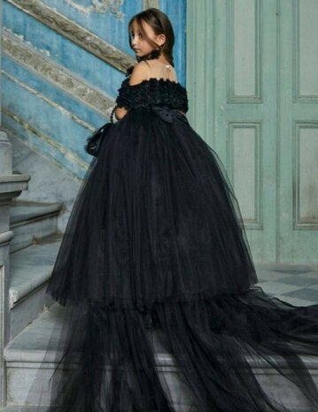 Lange feestjurk zwart jurk off schoulder Ultra luxe met sleep  104 - 152