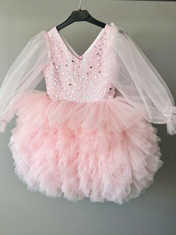 Tutu jurk roze met Glitter en lange mouw  80 tm 146