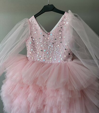 Tutu jurk roze met Glitter en lange mouw  80 tm 146