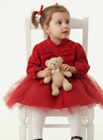 Feestjurk rood tule met strik 74 tm 98