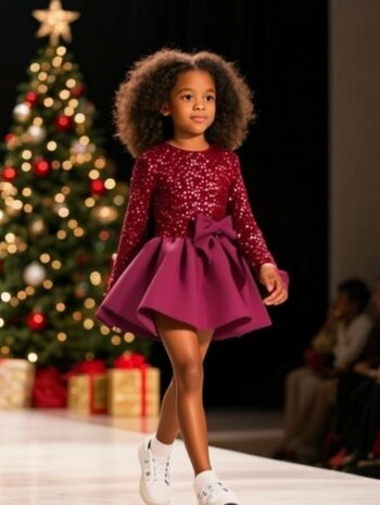 Feestjurk glitter Wijnrood  love met lange mouw  98 tm 164