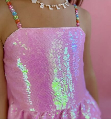 Roze glitter jurk met kralen 