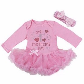 baby jurk romper My 1st  baby Mother's Day wit roze glitter