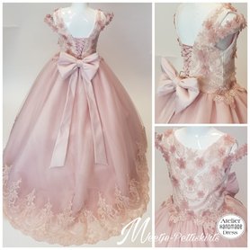 Communie jurk & Bruiloft meisje Oud Roze met ivoor top  + Grote strik Ultra Luxe Alle maten 
