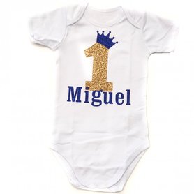 Cake smash Romper Jongen Met Naam Kroontje goud blauw NEW