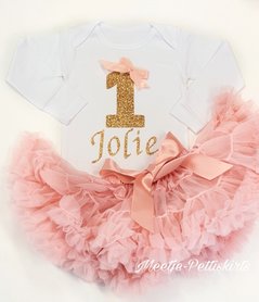  verjaardag set 1 jaar Petticoat poeder roze & gouden glitter cijfer Met Naam lange mouw Mogelijk. 