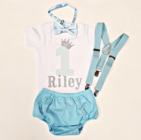 verjaardagsromper Cake smash Romper Jongen licht blauw Wit complete set  