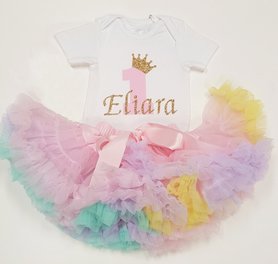  verjaardag set 1 jaar Petticoat pastel rainbow & gouden glitter cijfer
