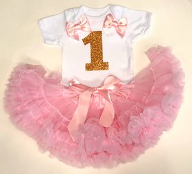  verjaardag set 1 jaar Petticoat roze & gouden glitter cijfer