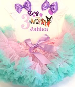 Bing verjaardag petticoat set Roze lila Luxe met naam + Haarband 