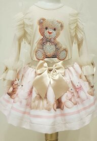 Setje top en rok rhinestone beer beige roze Neon Kids 